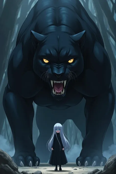 1 anime girl with long gray hair and blue eyes in black clothes stands in fear in front of a huge and scary black panther 