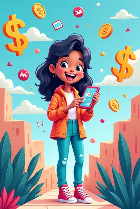 Give me a super easy cartoon of a person making money through tik tok 