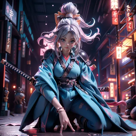 Moisturized Skin, (blue eyes), Realistic body, (Adult female body), Attractive breasts, ((Overlord color supremacy)), Energetic, 3DCG, front, Pink lipstick, (Silver Hair), (Cat ear), Beautiful Hair, Long Hair, ponytail, (((Samurai Armor: 1.3))), ((masterpi...