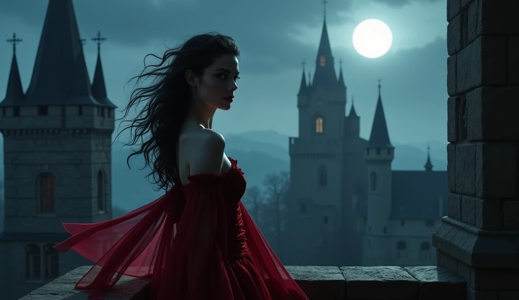 A beautiful and seductive female vampire stands on the balcony of a dark, ancient castle, bathed in moonlight. She wears a red velvet dress, revealing much of her skin in a sensual style. Her long black hair flows in the wind, and her crimson lips glisten ...