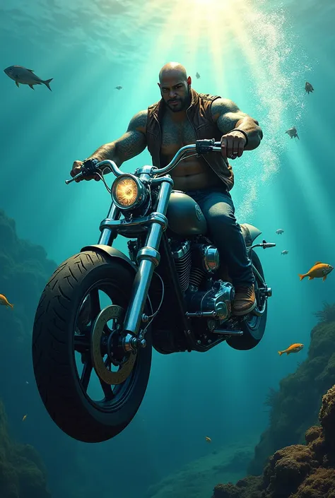 Fat black man riding a motorcycle under the ocean