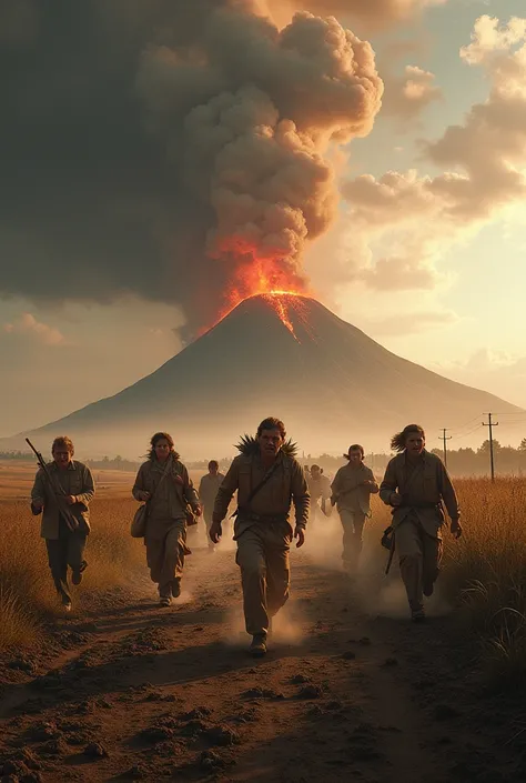 farmers in a farm running away from a volcanic eruption while an earthquake is happening 