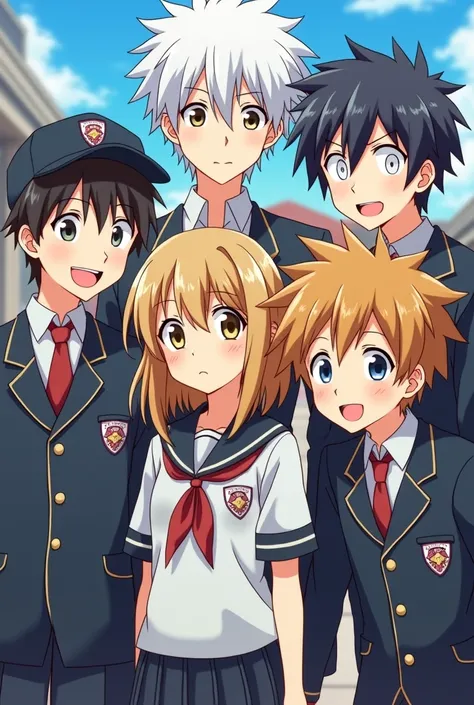 5 anime boy and one girl with a friendly distance in a group pic with Japanese school uniform all boy have difference among them I need one girl first boy on left side he have a cap on his head and on the left side of the girl he have spiky hair golden and...