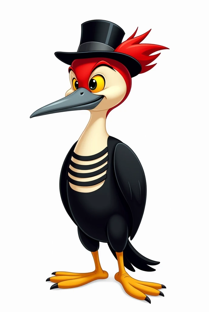 full body character art, a humanoid woodpecker in the Looney Tunes art style, the feathers on its head are red, the feathers on its body are black, on its chest the feathers have a horizontal striped pattern in black and white, its nose is gray, its eyes a...