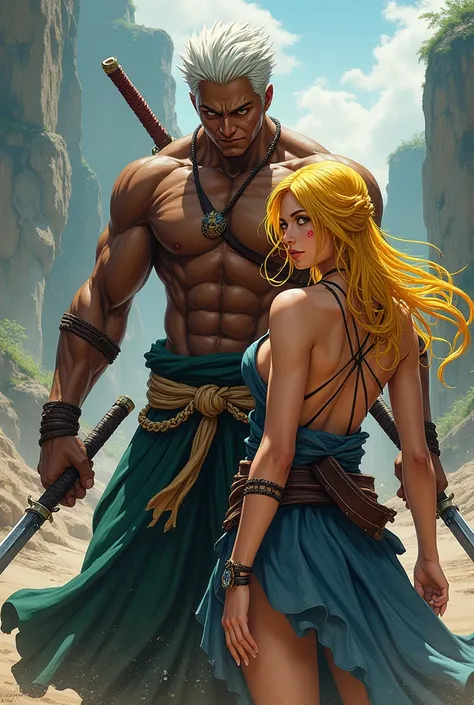 Un guerrier avec trois, sabres, lhomme est noir, il a les cheveux courts et blancs, il est assez musclé, il a un style comme Roronoa Zoro, il est 2 fois moins musclé, il est en position de combat avec sa femme au cheuveux jaune qui a des marques rouge