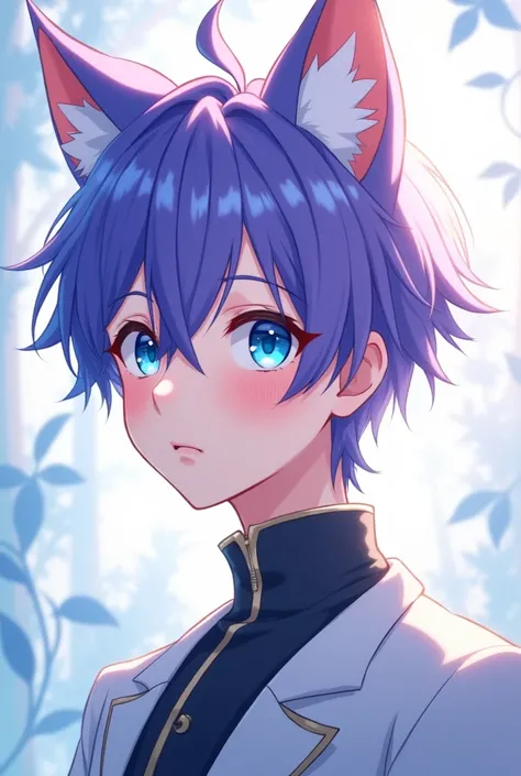 Anime boy with cat ears and blue eye
And purple hair