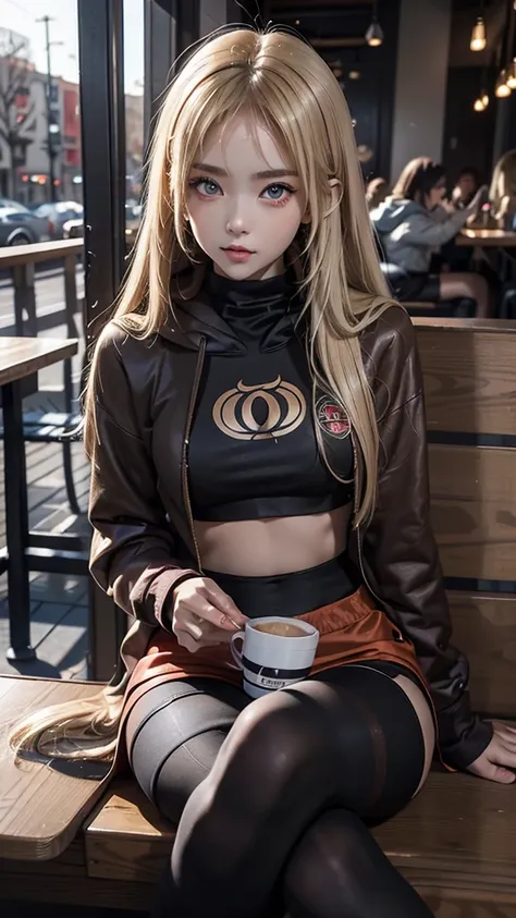 1 girl, blonde hair, streaks of hair in face, red eyes, beautiful, oversized hoodie, midriff, hot pants, tights, laced tights, sitting, coffee shop, ground angle shot, viewer looking up, feet in tights, raw photography, 8k, masterwork,