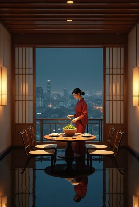 A private room in a Japanese fine dining restaurant in the 1980s。Modern Japanese-style interior、In the center is a table with a shabu-shabu pot on it.。The floor is mirrored、The entire room is reflected, creating a feeling of spaciousness。The dim lighting i...