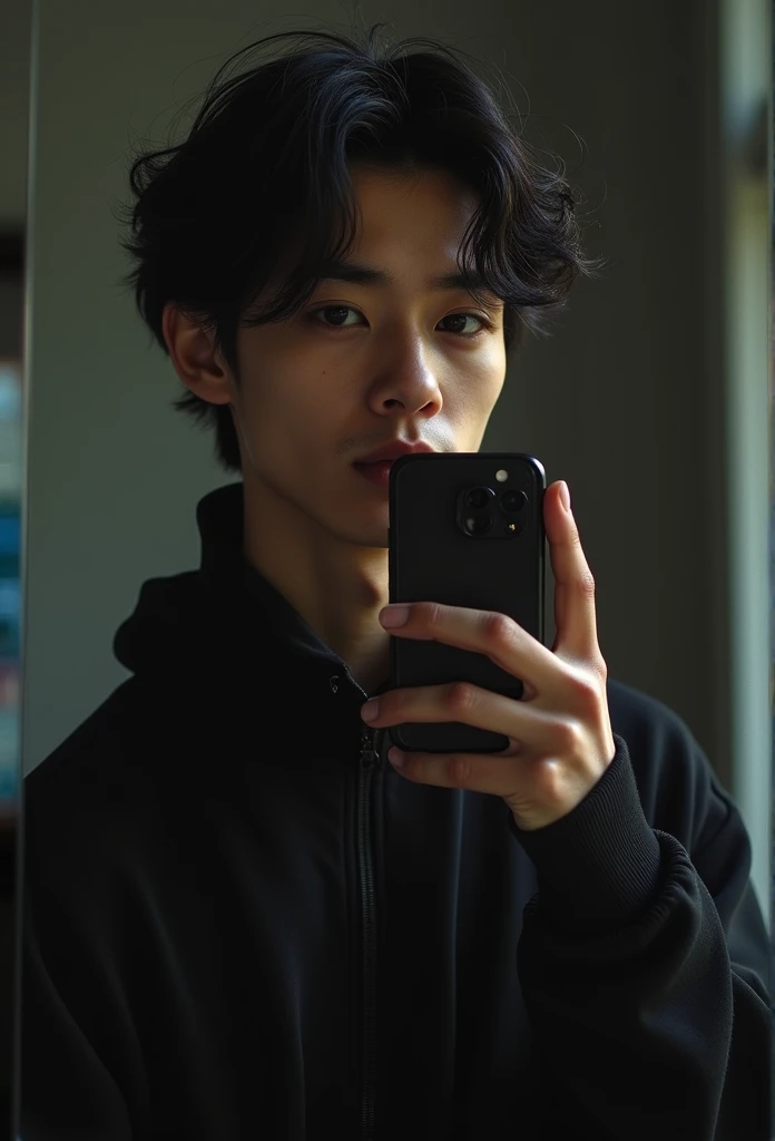 beautiful young skinny tanned boy, (wearing dark clothes), ((photo in front of mirror holding cell phone)) front photo