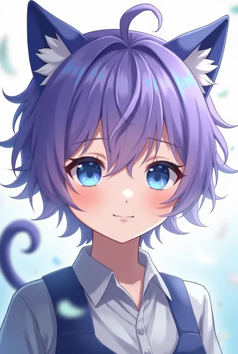 Anime boy with cat ears and blue eye
And purple hair