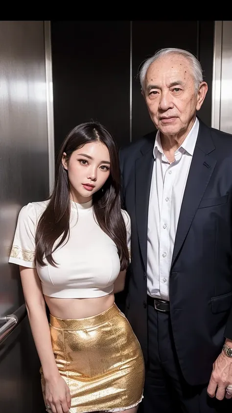 2boys, oldman, photo of a young asian woman (sandwiched between two old guys), 1girl wearing crop business suit, big , thigh ski...