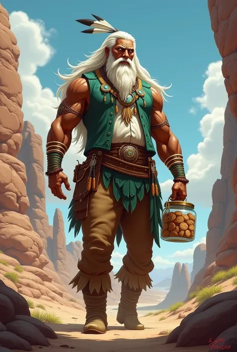 I would like to create an indigenous man with bronze skin, long white hair, a beard, a strong physique, white eyes, earrings, feathers, and body adornments. He wears a green vest over a dress shirt, brown pants, and boots. He carries a jar of cookies. I wo...