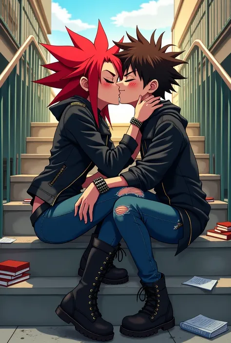 Red haired punk girl kissing a geek boy. Anime style, highschool stairs background