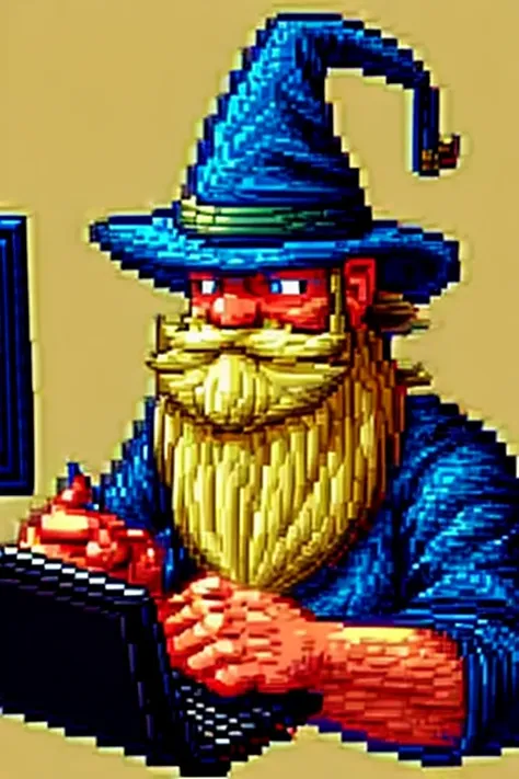 a bearded old man in a hat, wizard-style, working on the computer in pixel art style.