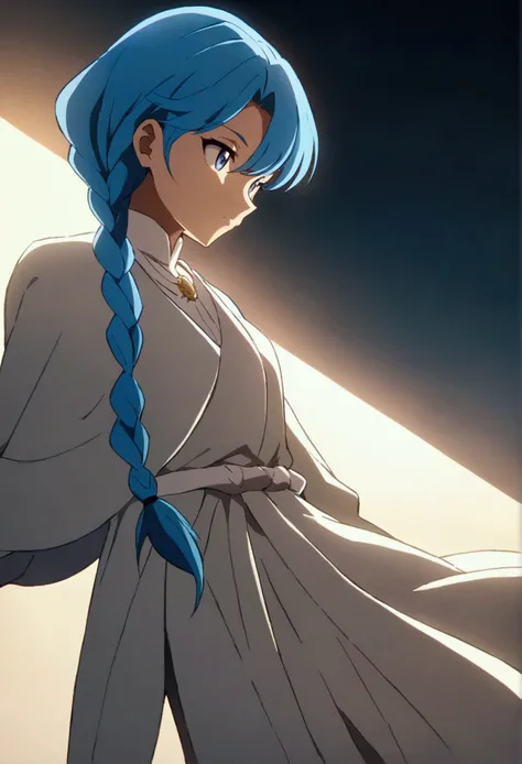 Long blue hair braided, full body, anime style