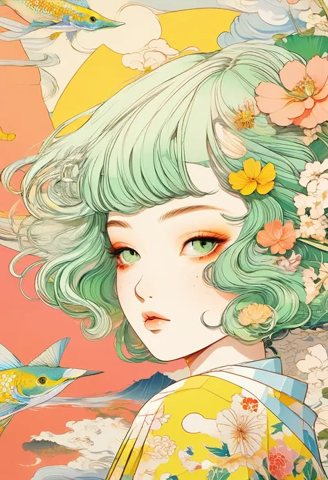 A mesmerizing surreal illustration of a young japanese woman. She has pastel green hair with blunt bangs, yellow eyes, and wears a vibrant pastel colored outfit adorned with intricate floral patterns. Freckles dot her smooth, warm complexion, and bold, col...