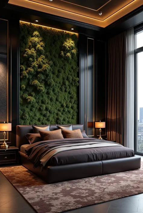 Professional 3d architecture rendering design of modern and so   Shiny Dark moss and  shiny  Dark Thunder and dark  wooden  and  shiny dark violet  And dark gold French design for bedroom  and   Brown Persian  silk carpet and white painting wall and modern...