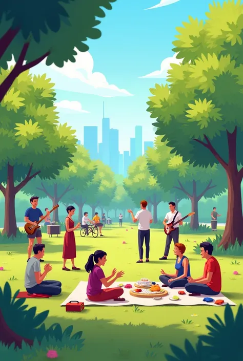 Park, picnic, do exercise, playing musical 