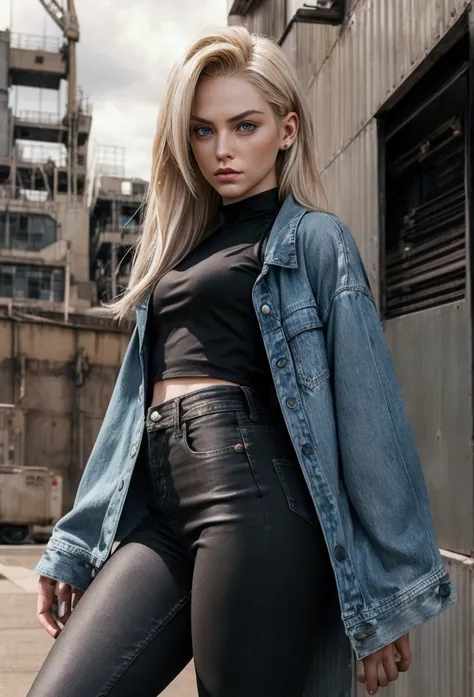 A hyper-realistic human version of Android 18 from Dragon Ball Z, depicted as a stunning woman in her mid-20s with a slim and athletic build. She has shoulder-length, straight blonde hair with a side part, giving her a sleek and polished appearance. Her fa...