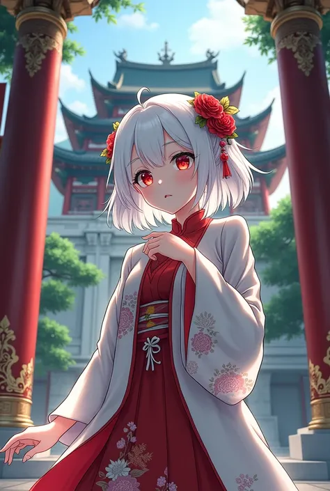 A white-haired woman, with red eyes and a Chinese-style robe, her face was a bit nervous because she wanted to enter the academy
Anime art 