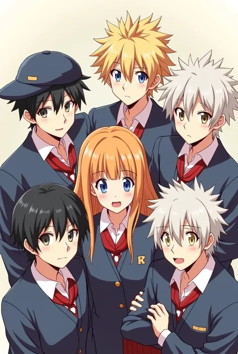 5 anime boy and one girl with a friendly distance in a group pic with Japanese school uniform all boy have difference among them I need one girl first boy on left side he have a cap on his head and on the left side of the girl he have spiky hair golden and...