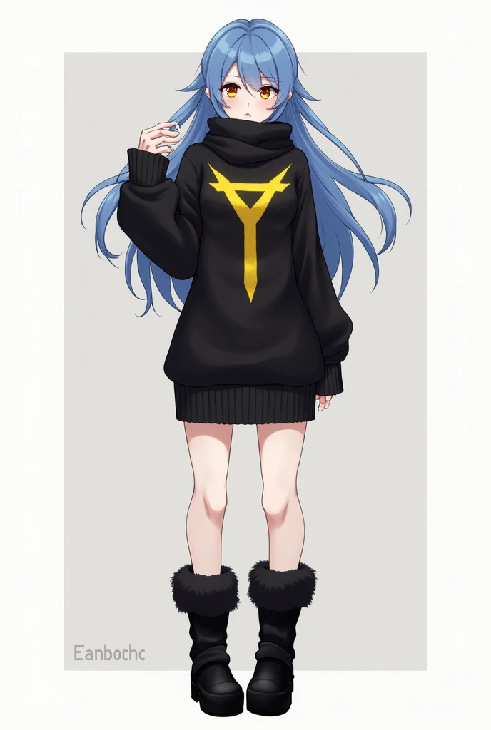 Anime style girl with long blue hair, almost orange yellow eyes with a sweater that reaches to her feet with black furry boots, the black sweater with a black scarf and with a yellow and golden colored y in the middle of the sweater, tall and with big brea...