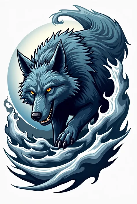 Create me an eye-catching logo with a wolf and wind