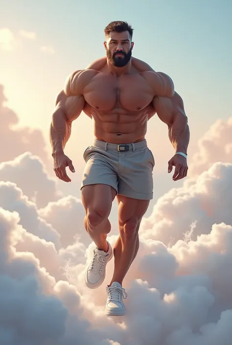 A bodybuilder walking on clouds with his air sneakers


