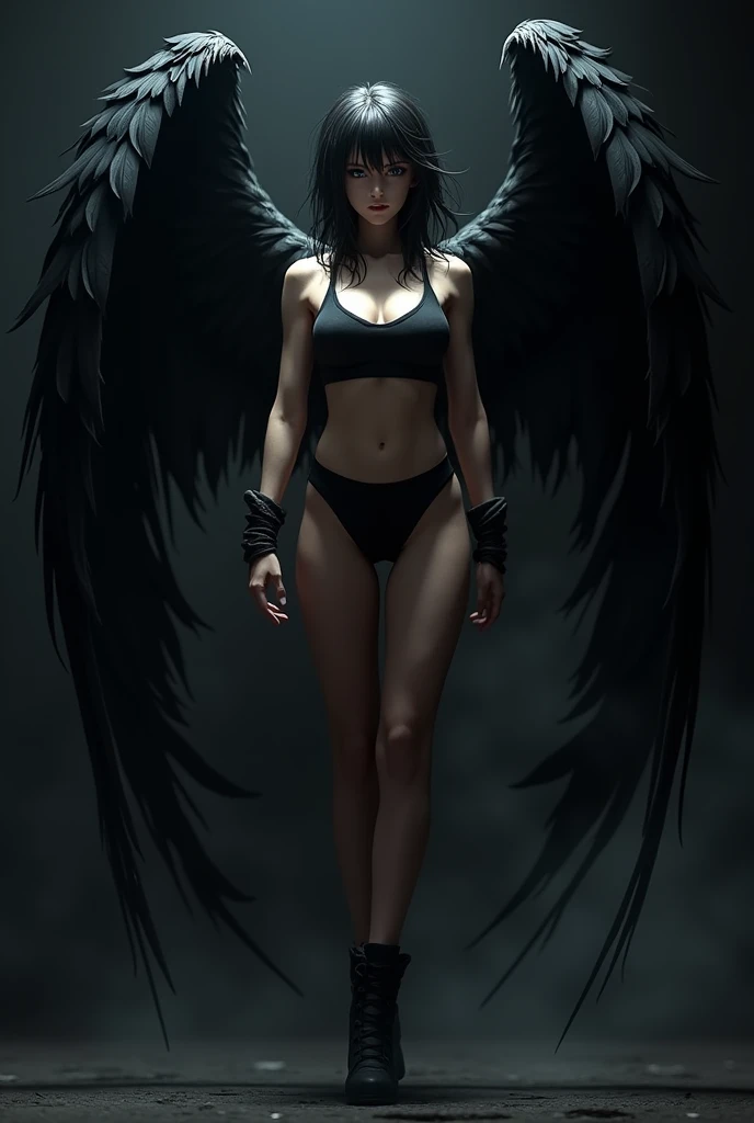 Girl Goku bad angel wings black background 