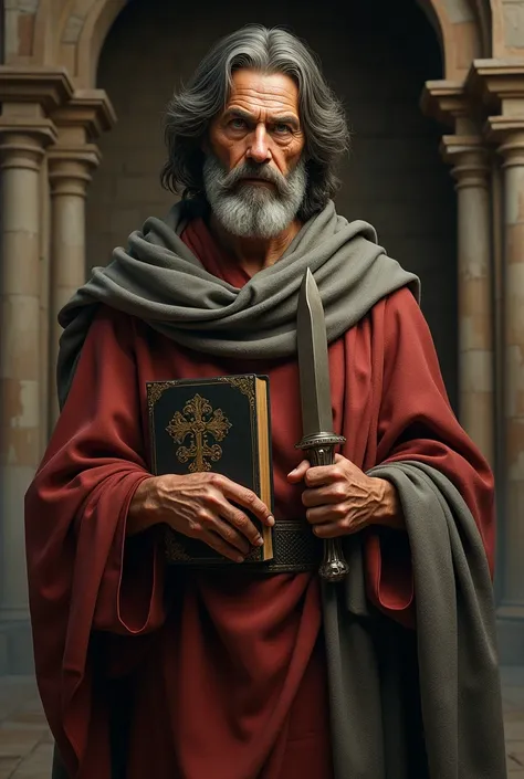 You can create a realistic image of Saint Bartholomew the Apostle, with its characteristic implements: Bible and knife 

