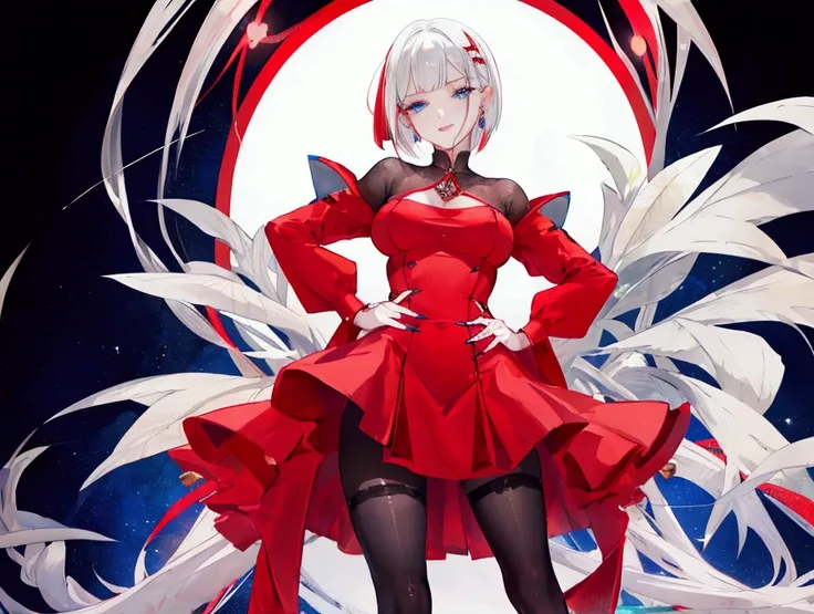 1 tall girl, breasts, medium breasts, white hair, nipples, blue diamante eyes, short hair, RED tips on a bob cut and one RED little hairline on the left side, smile, thighhighs, anklet, dress, earrings, gradient, gradient background, hand on hip, hands on ...