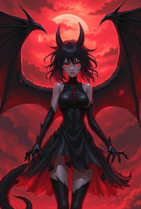 anime girl with dragon wings and a red sky background, demon anime girl, anime monster girl, dragon girl, demon girl, the devil in hell as a dragon, with hellish devil wings, with red glowing eyes, anime style like fate/stay night, by Jin Homura, albedo fr...