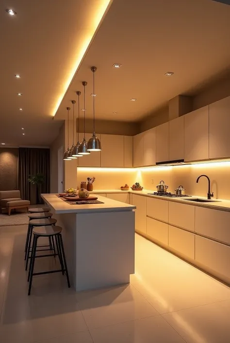 Create a modern minimalist complete kitchen design that incorporates different light sources, as recessed lights, Pendant lights and under cabinet lights. May the light be warm