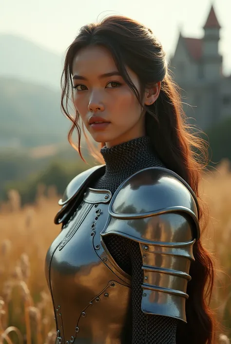 (masterpiece), (extremely intricate:1.3), (realistic), portrait of a singapore girl, the most beautiful in the world, (medieval armor), metal reflections, upper body, outdoors, intense sunlight, far away castle, professional photograph of a stunning woman ...