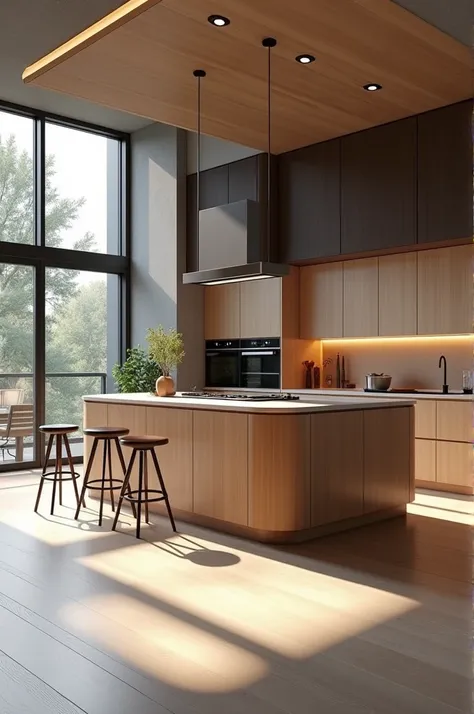 Professional 3d architecture rendering design of modern kitchen with light and dark wooden 