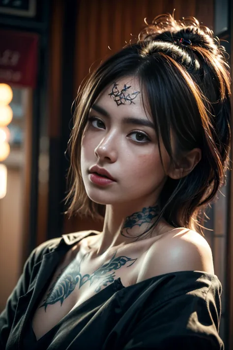 a fierce woman in nude, member of a yakuza family, staring intensely into the camera, yakuza body tattoo, high detail, cinematic...