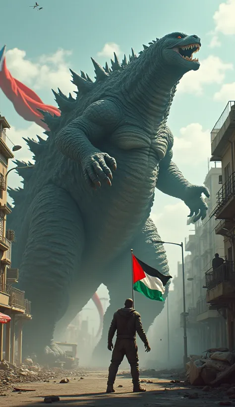 Make a realistic photo of a giant cat carrying a Palestinian flag fighting Godzilla who is also carrying an Israeli flag in the middle of the city 