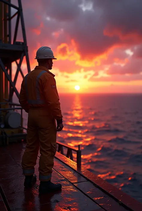 Image of offshore worker on oil rig watching sunset from helideck 


