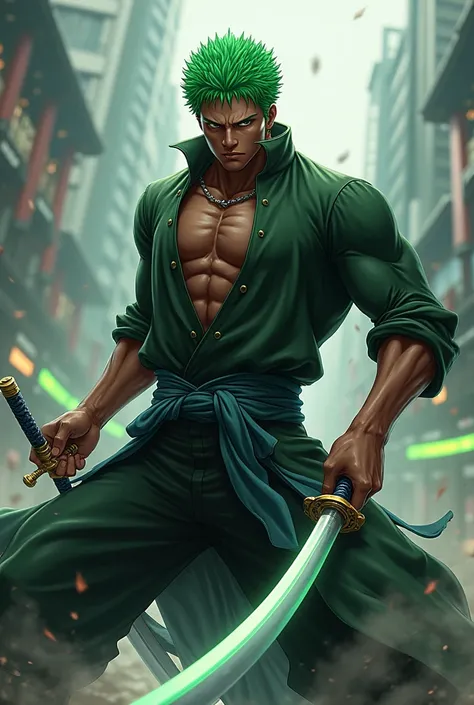 A warrior with three sabers, The man is black, il a les cheveux courts et vert , he is quite muscular, il a un style comme Roronoa Zoro, il est 2 fois moins musclé et il est position de combat