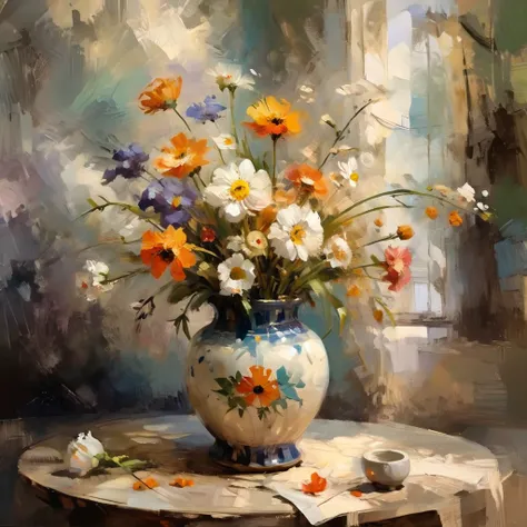 Flowers in a ceramic vase with a delicate pattern using the technique of brushstroke division, oil painting with color and volume on a flat surface, impasto, in the circle, post-impressionism, highest quality, high resolution, masterpiece
