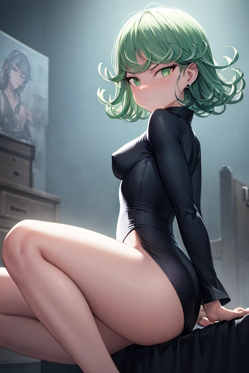 Masterpiece, Best Quality, Ultra Detailed, Illustration, Epic Lighting, Cinematic Composition, 1 Girl, Tatsumaki, Very Small Breasts, Black Dress, Pelvic Curtain, Long Sleeves, Green Eyes, Bright Eyes, Arms Crossed, Pouting, Closed Mouth, Piercing Gaze, Re...