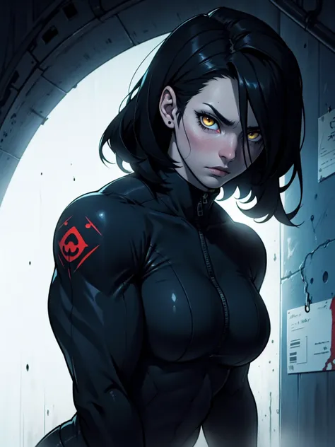 (1 girl muscular) yellow eyes large breasts pale skin skintight black hair sad dark atmosphere backlighting horror somber gloomy creepy