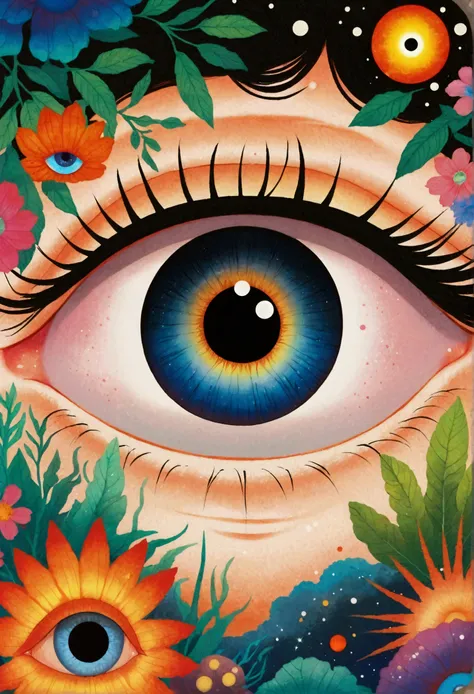 这幅画描绘了一个男人站在一颗五彩缤纷的Eye前, Murakami Chemical Illustrations, pixiv, Concept Art, Fantasy psychedelic anime, Color illustrations, Psychedelic illustration, Look into my eyes, Blurred dreamy illustration, humEyes, Blurred dream picture, Eye, 没有Eye, 睁大你的Eye, Eye...