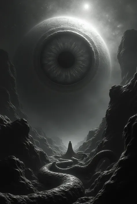 Universe with a gigantic eye horror cosmic Surrealism Lovecraft dark Imaginable black and white Tentacles Super detailed realistic HQ style drawn Lots of details, 4K, masterpiece