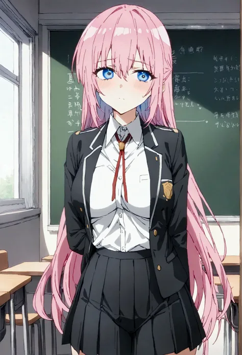 NSFW,masterpiece,Highest quality,High resolution,Very detailed,Shikimori-san(可愛いだけじゃないShikimori-san),Pink Hair、Long Hair、blue eyes、Hair between the eyes、bangs,uniform,Pleated skirt,School,classroom,machine,Chair,blackboard