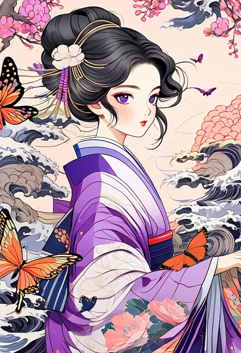 a mesmerizing surreal illustration of a young japanese woman resembling shinobu kouchou. she has black hair, purple eyes, a butt...