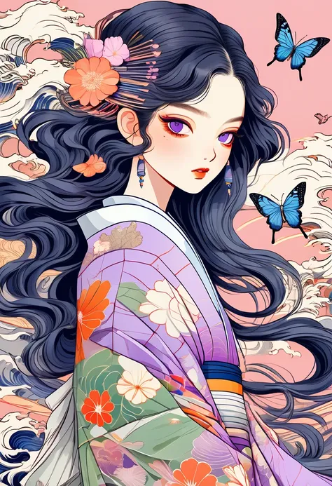 a mesmerizing surreal illustration of a young japanese woman resembling shinobu kouchou. she has black hair, purple eyes, a butt...