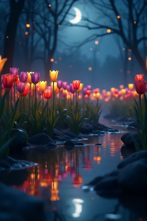 Create a good night image,  that has lots of tulips, in a night landscape under the moonlight, that looks very supernatural,.Let the landscape reflect the beauty of life tulips of many colors 