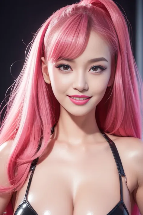 1girl, nsfw, sexy stylish idol, smiling face, glossy lipstick, defined eyebrows, natural makeup, very long eyelashes, full body, sheer neon pink latex dress, colorful hair, (best quality, 4k, 8k, highres, masterpiece:1.2), ultra-detailed, (realistic, photo...