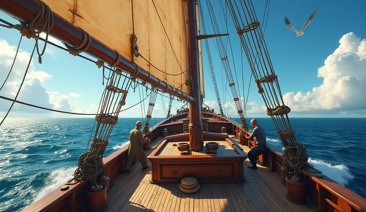 The deck of a sailing ship in the middle of the sea during the day